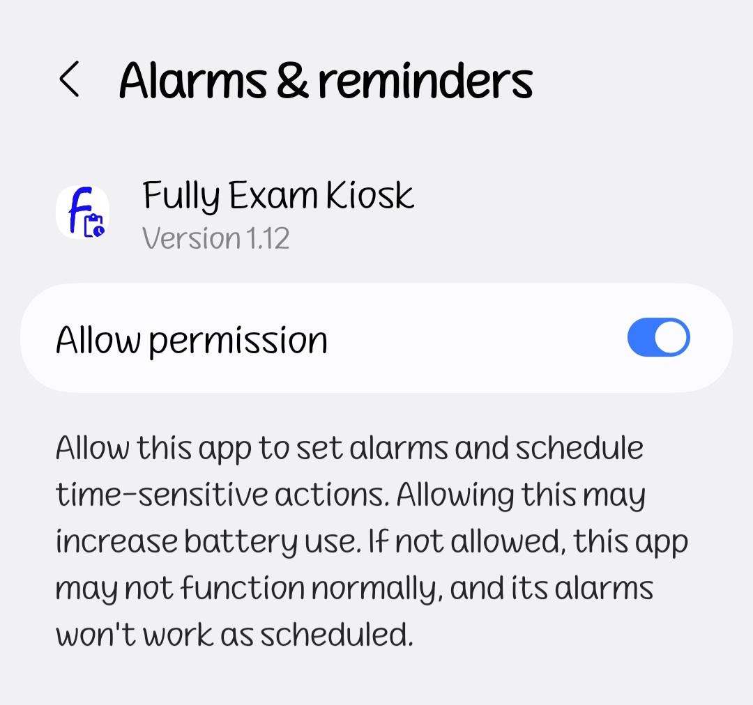 The Alarms and reminders screen with Allow permission switched on