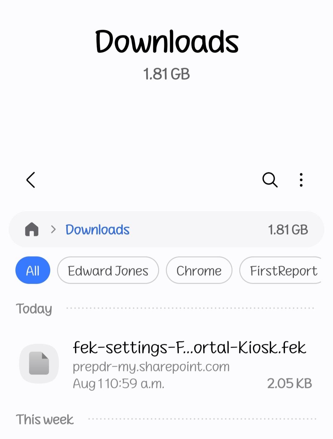 The Downloads folder with the downloaded .fek configuration file