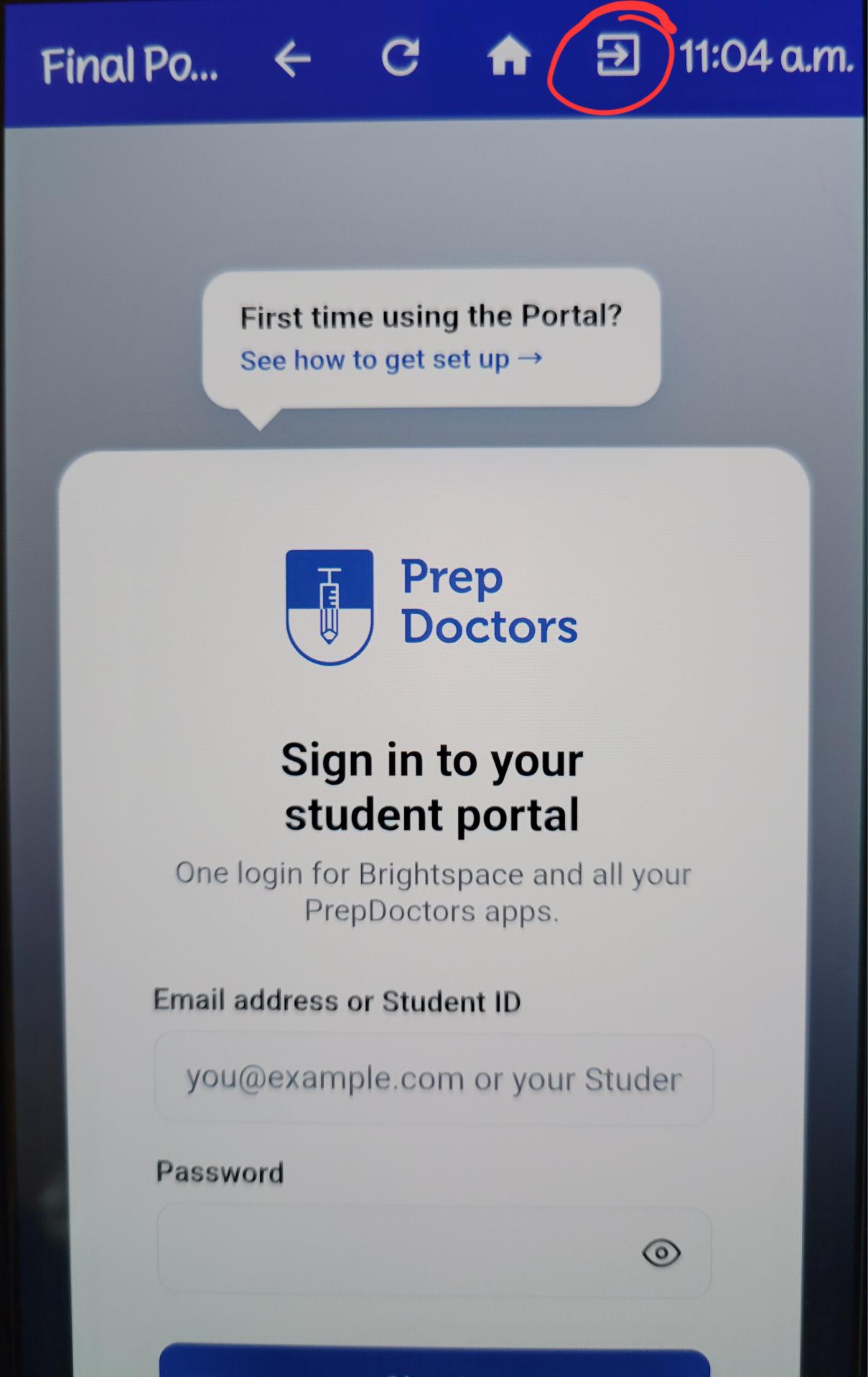 The kiosk top bar with the exit icon highlighted
