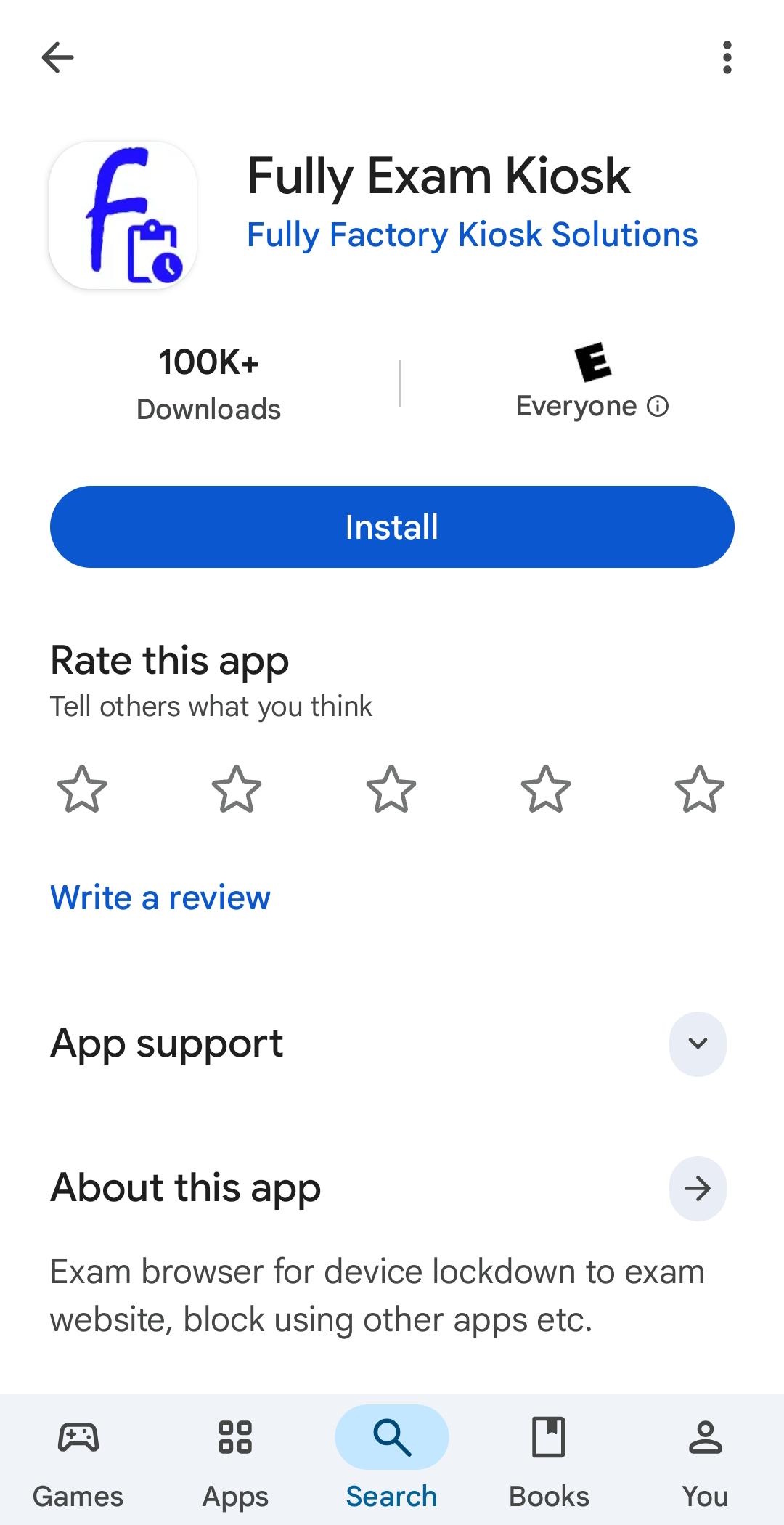 The Fully Exam Kiosk app on Google Play with the Install button