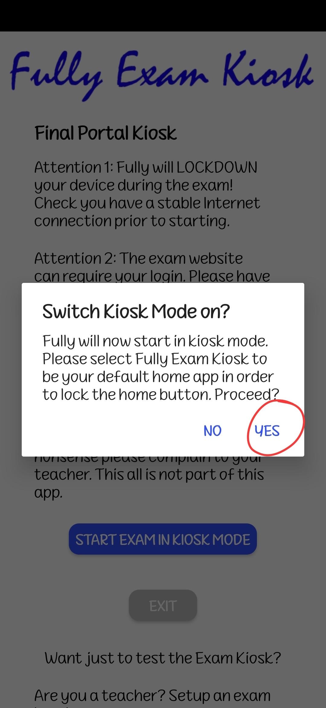 The Switch Kiosk Mode on dialog with YES highlighted