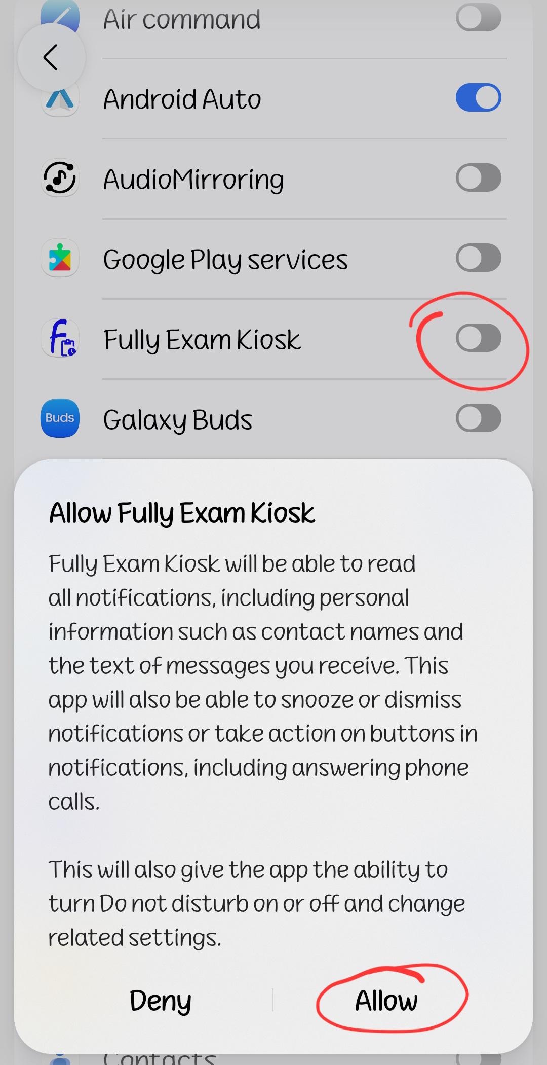 The Notification access list with the Fully Exam Kiosk toggle and the Allow dialog