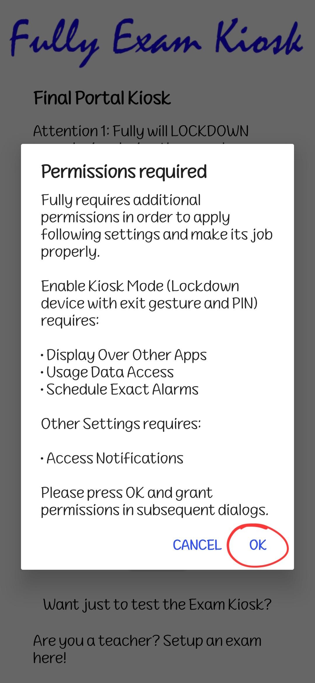 The Permissions required dialog with the OK button highlighted