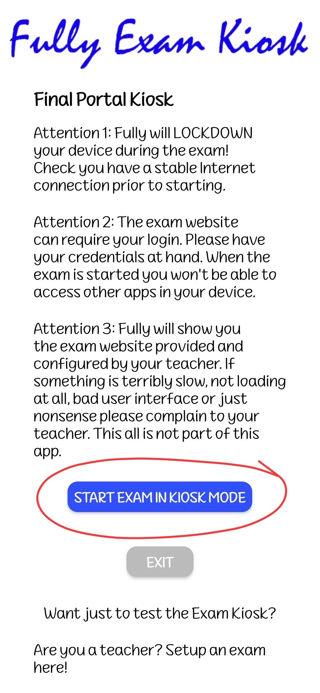 The Final Portal Kiosk screen with the START EXAM IN KIOSK MODE button highlighted