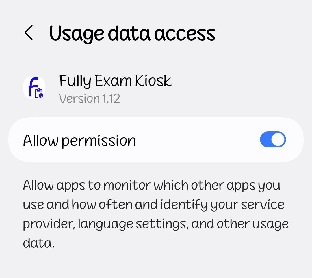 The Usage data access screen with Allow permission switched on