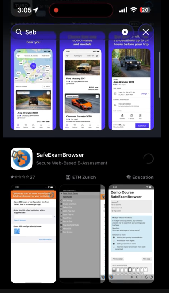 The SafeExamBrowser app by ETH Zurich installing from the App Store