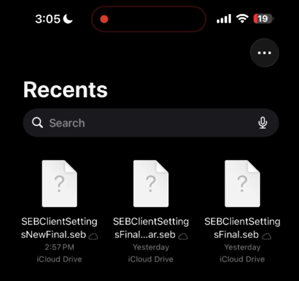 The Files app with the downloaded .seb configuration files in Recents