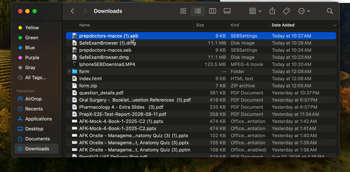 The Mac Downloads folder with the downloaded prepdoctors-macos.seb configuration file selected
