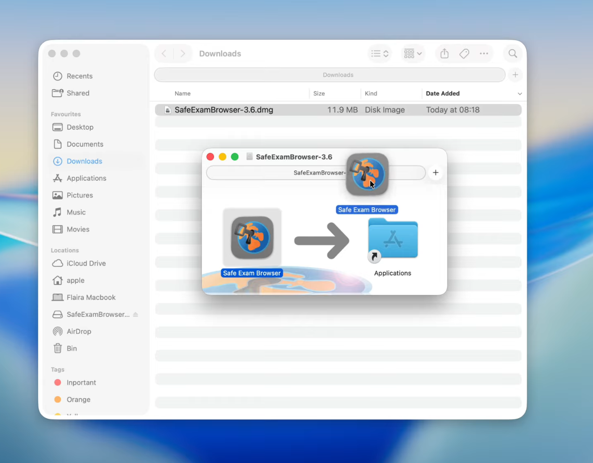 The opened disk image: dragging the Safe Exam Browser icon onto the Applications folder