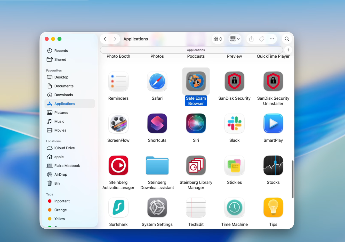 The Applications folder with the Safe Exam Browser app selected