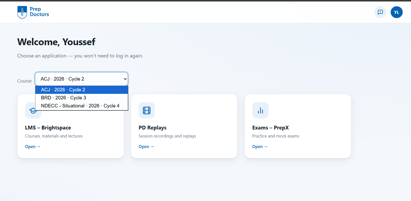The Portal home page with the Course selector open, listing the available courses