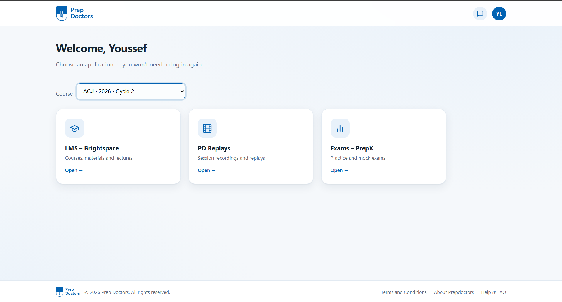 The Portal home page showing the LMS, PD Replays and Exams cards for the selected course