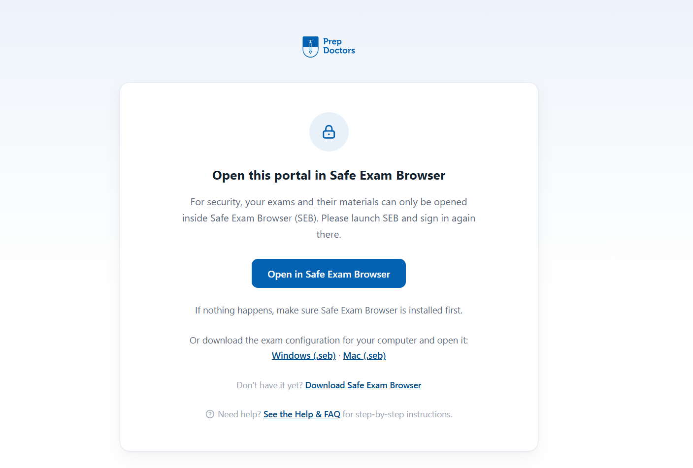 The portal's block page asking to open it in Safe Exam Browser
