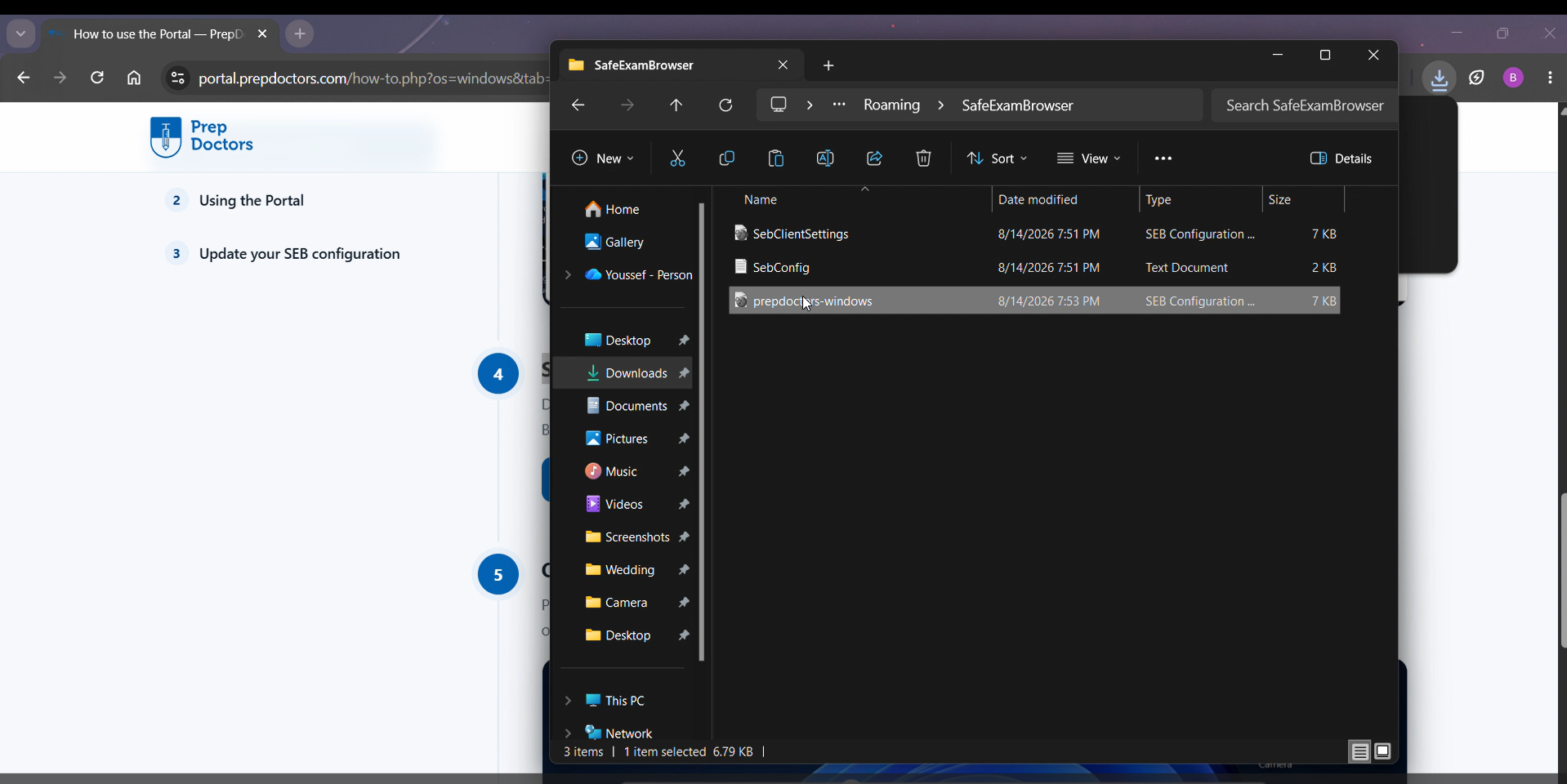 The SafeExamBrowser folder with the pasted prepdoctors-windows file next to SebClientSettings