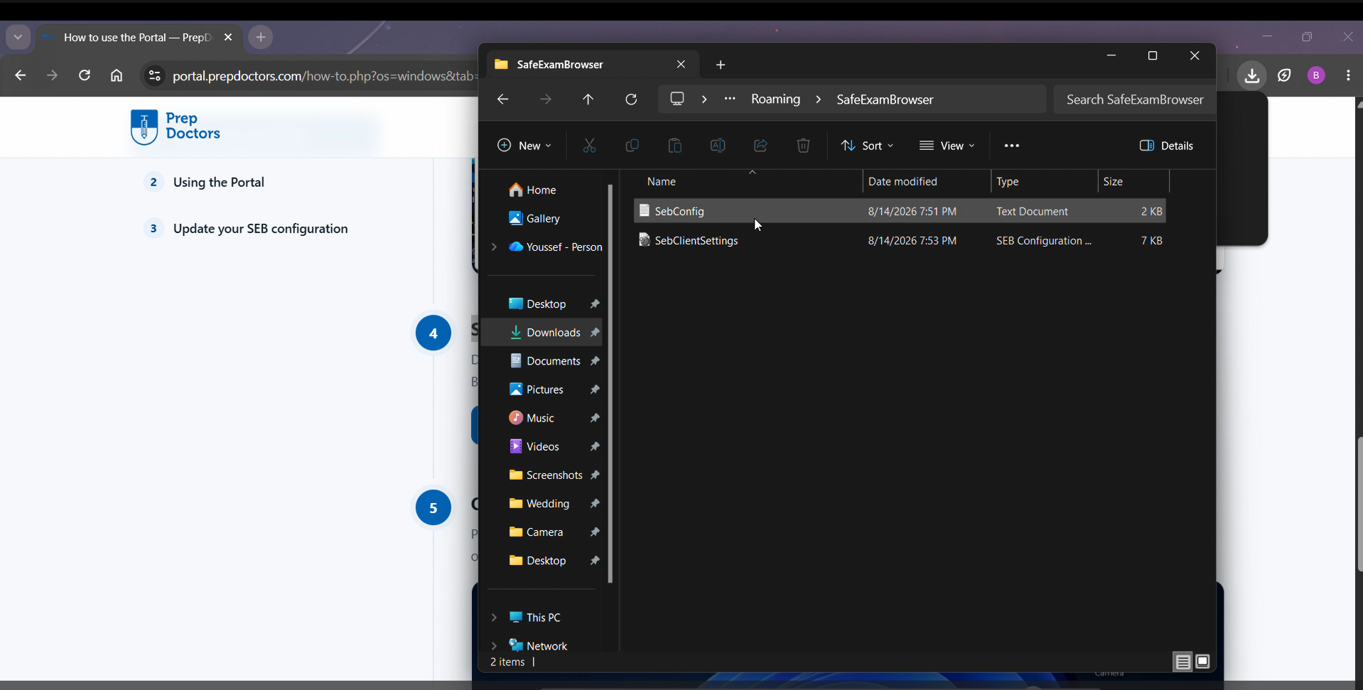 The SafeExamBrowser folder after deleting the old file — only the new SebClientSettings remains