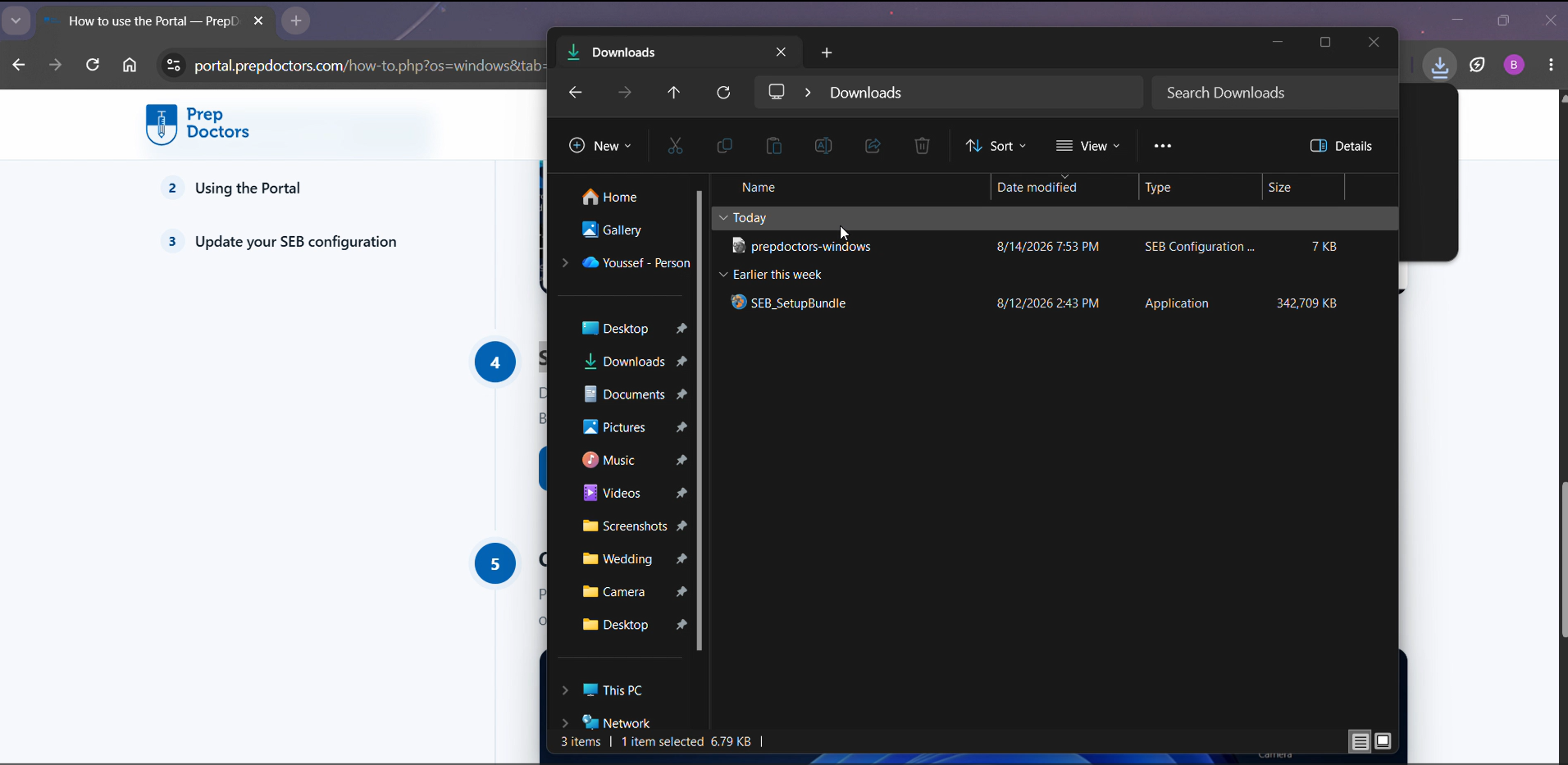 The Downloads folder with the downloaded prepdoctors-windows configuration file