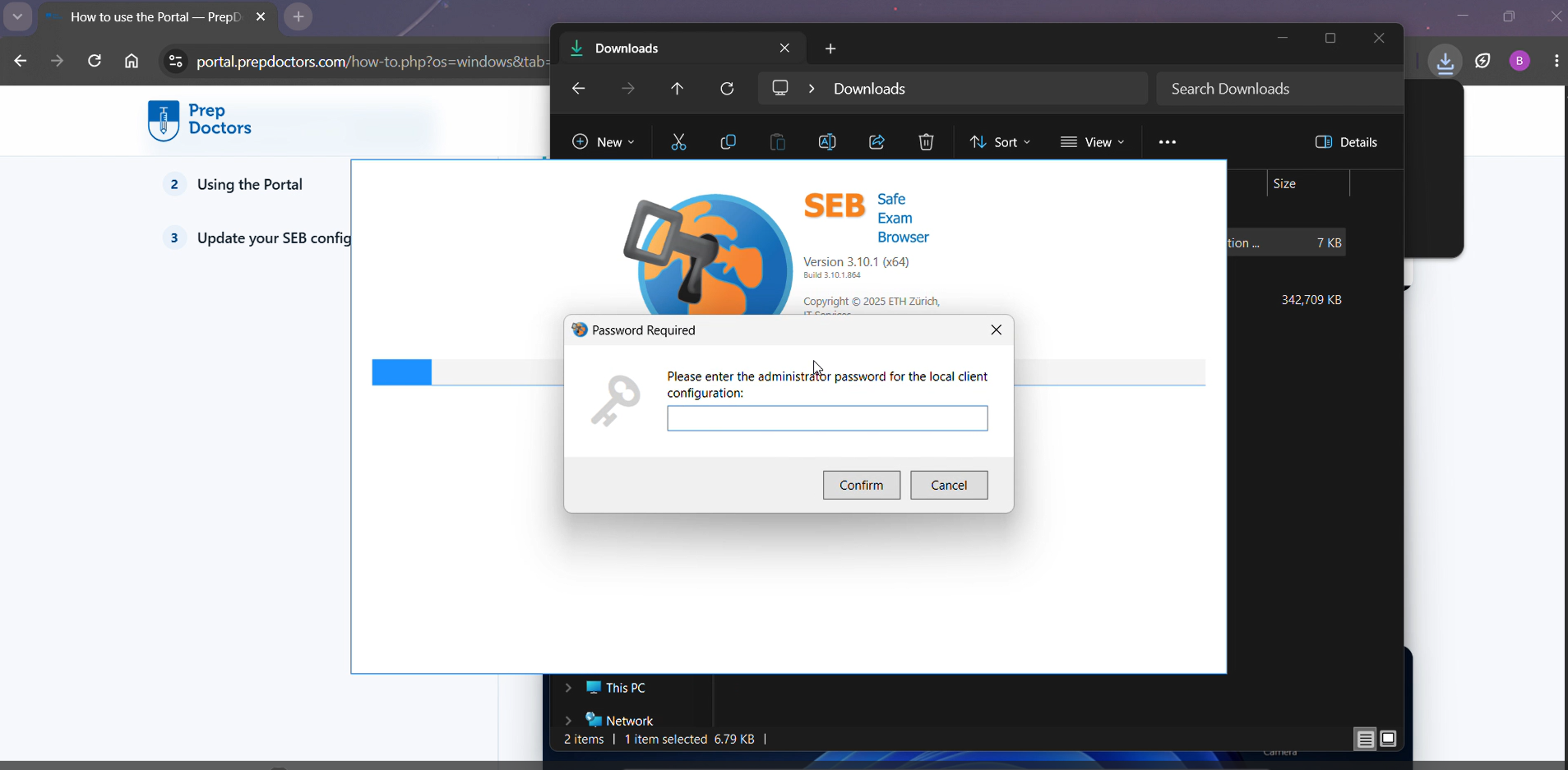SEB's Password Required dialog asking for the administrator password for the local client configuration