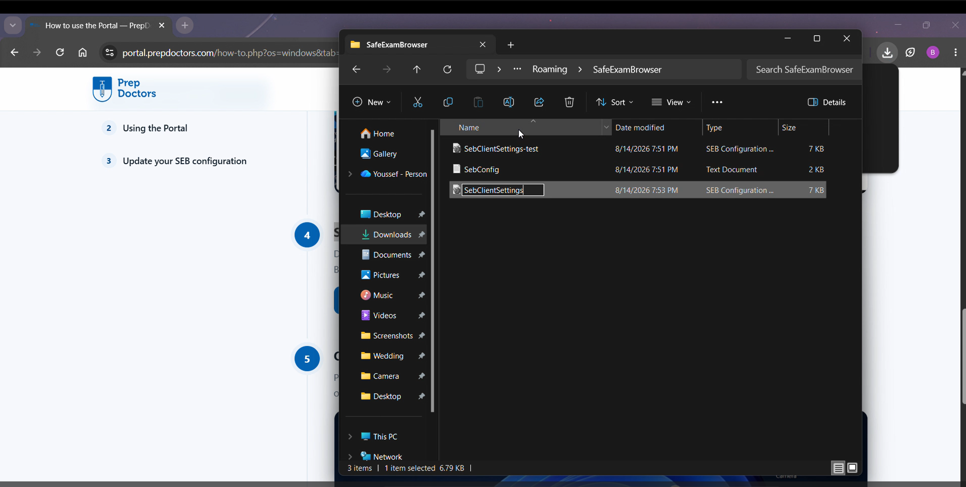 Renaming the prepdoctors-windows file to SebClientSettings