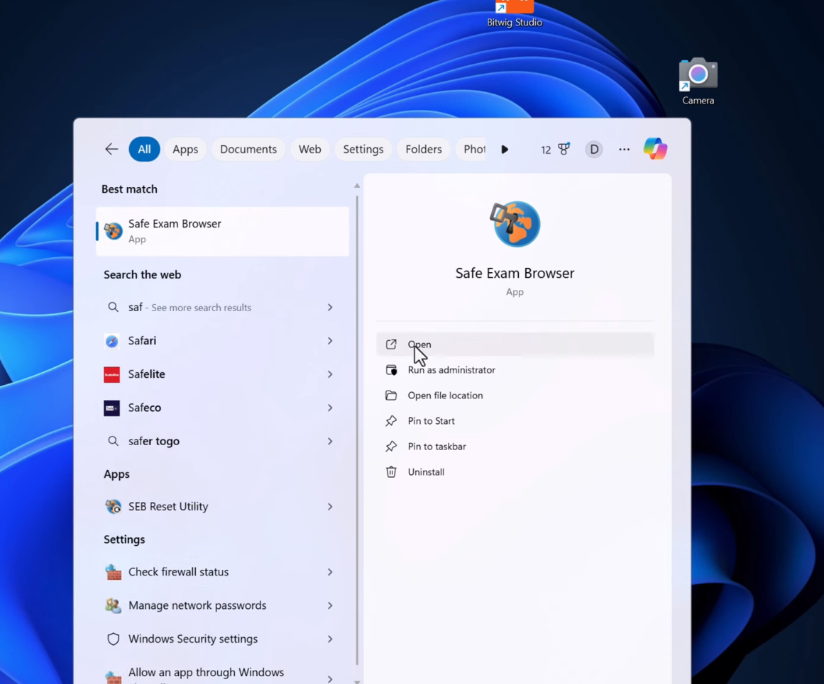 The Windows Start menu search with the Safe Exam Browser app as best match