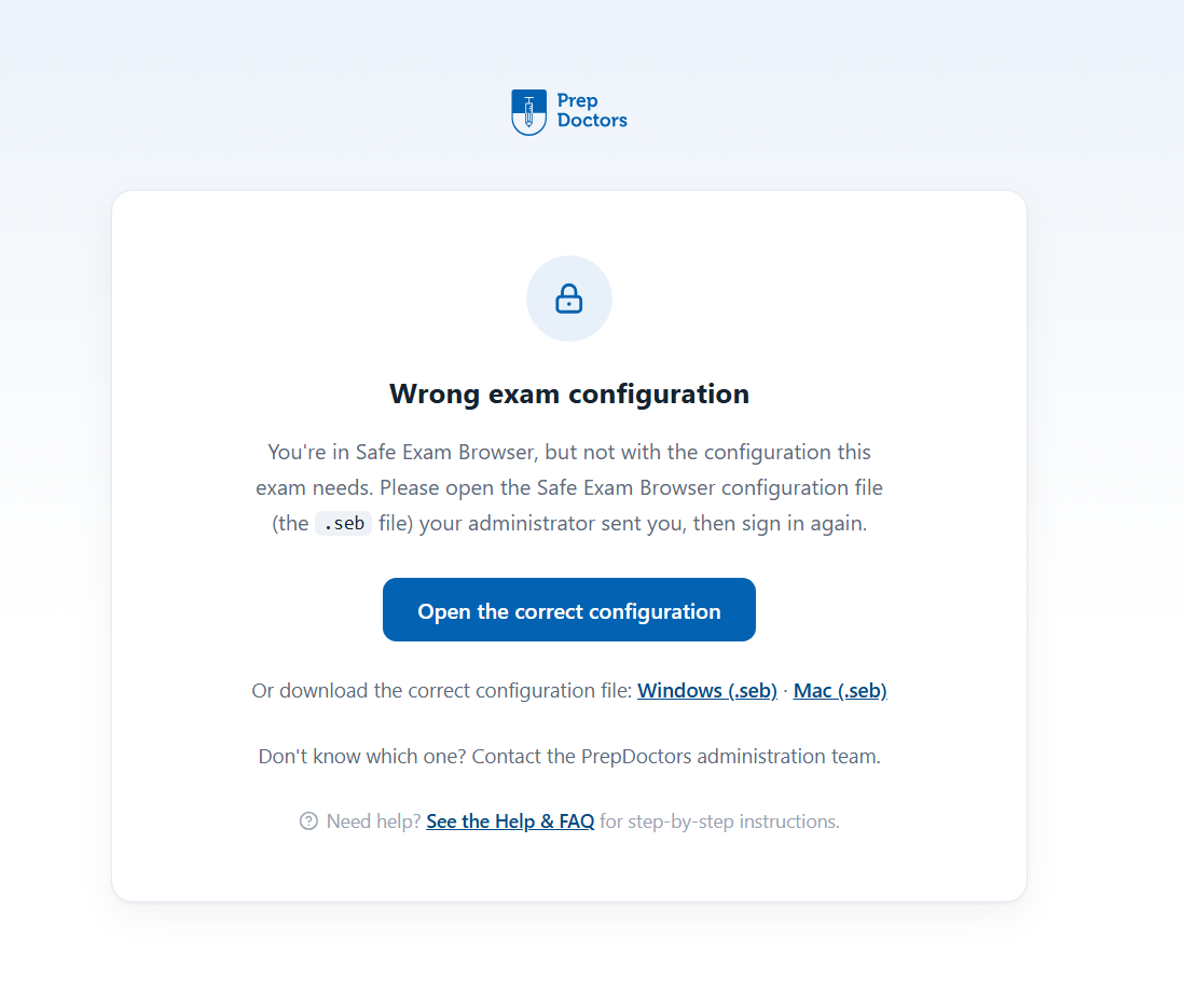 The portal's “Wrong exam configuration” page shown inside the exam browser